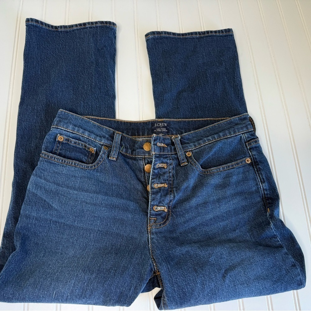 J.Crew Women's Mid-Rise Flare Crop Jeans 28 Blue Denim Button Fly Stretch. 1418